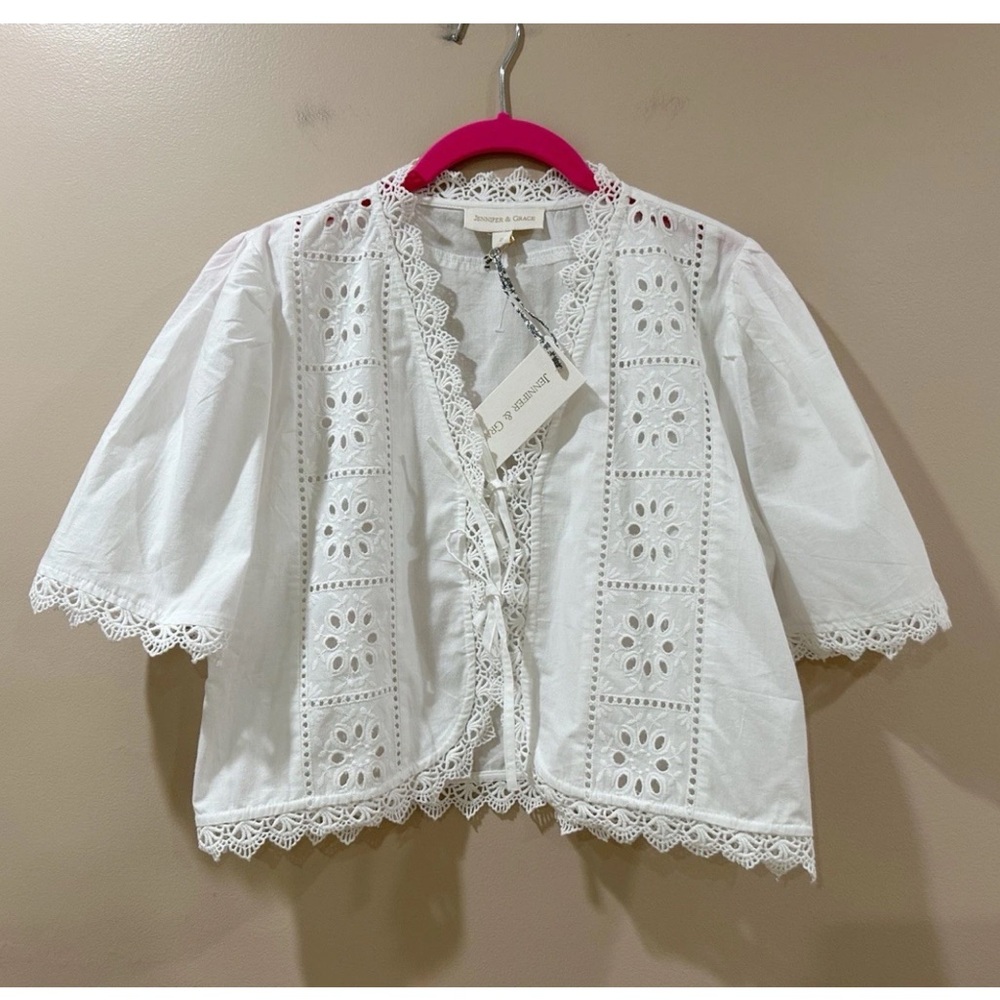 Jennifer & Grace White Eyelet Puff Sleeve Tie Front Cotton Top Women's S